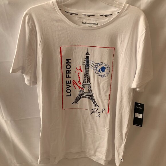 KARL LAGERFELD Love from Paris Eiffel Tower Graphic Tee in White Sz LARGE - Picture 1 of 4